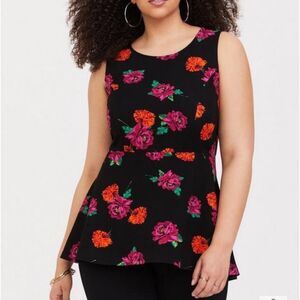 Torrid Black Floral Ponte Blouse Hi-Lo Sleeveless Peplum Top Size 3x 22/24